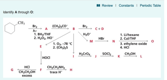 Review | Constants Periodic Table ldentify A through O: CH3 (CH3)3CO 1. BH3/THF 2. H202, HO H30 . Li/hexane 2. Cul/THF HBr 1