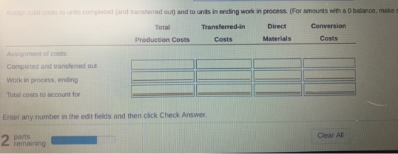 A ign total costs to units completed (and transferred out) and to units in ending work in process. (For amounts with a 0 bala