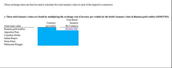 These exchange rates can then be used to calculate the total issuance value in each ofthe respective currencies c. These tota