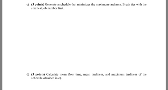 (3 points) Generate a schedule that minimizes the maximum tardiness. Break ties with the smallest job number first. c) d) (3