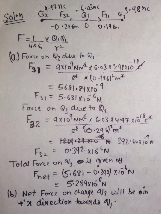 (1)Force on φ? due to G 13 F3 5-631 1N Force on Qs due to Qr Total Force on eis give n by 528916n = (b) Net Force on charge ala wll be ein