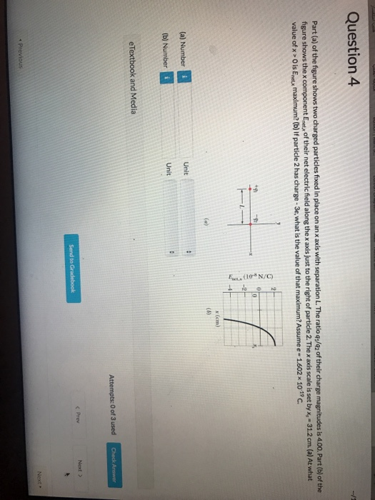 Question4 Part (a) of the figure shows two charged particles fixed in place on an x axis with separation L. The ratioq,/ą2 of their charge magnitudes is 4.00.Part (b) of the figure shows the x component Enetx of their net electricfield along the x axis just to the right of particle 2. The x axis scale is set by x,-31.2 cm.(a) At what value of x O is Enetux maximum2(b) If particle 2 has charge-3e, what is the value of that maximum? Assumee-1.602 x 1019C (a) Number Unit (b) Number Unit eTextbook and Media Attempts: 0 of 3 usedC < Prev Next > Send to