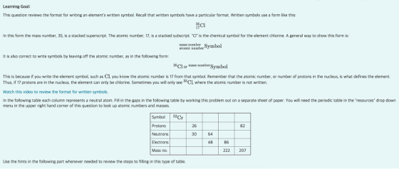 Learning Goal: This question reviews the format for writing an elements written symbol. Recall that written symbols have a particular format. Written symbols use a form like this: 17 In this form the mass number, 35, is a stacked superscript. The atomic number, 17, is a stacked subscript. Cl is the chemical symbol for the element chlorine. A general way to show this form is: mass number It is also correct to write symbols by leaving off the atomic number, as in the following form 35Cl or mas number Symbol This is because if you write the element symbol, such as CL you know the atomic number is 17 from that symbol. Remember that the atomic number, or number of protons in the nucleus, is what defines the element Thus, if 17 protons are in the nucleus, the element can only be chlorine. Sometimes you will only see 35Cl where the atomic number is not written. Watch this video to review the format for written symbols. In the following table each column represents a neutral atom. Fill in the gaps in the following table by working this problem out on a separate sheet of paper. You will need the periodic table in the resources drop down menu in the upper right hand corner of this question to look up atomic numbers and masses. Symbol 52Cr Protons Neutrons Electrons Mass no. 26 82 30 64 48 86 222 207 Use the hints in the following part whenever needed to review the steps to filling in this type of table.