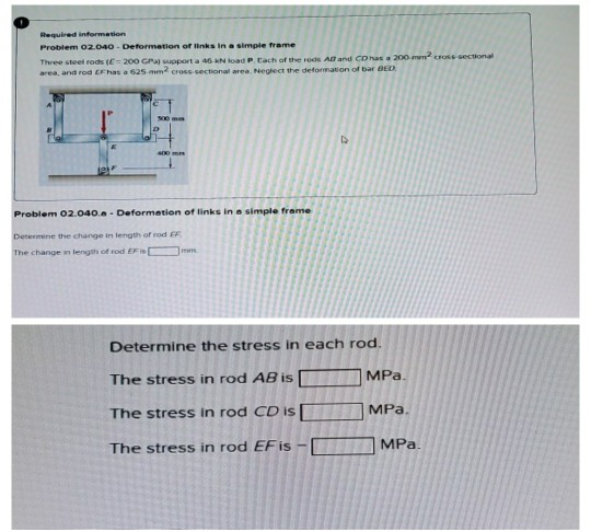 Required information Problem 02.040. Deformation of links in a simple Three coloc -200 P o rta 45-Noad P. Each of the road an