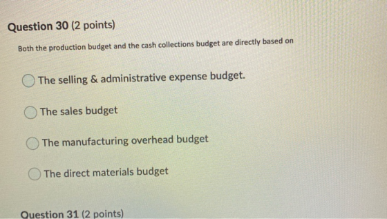 Question 30 (2 points) Both the production budget and the cash collections budget are directly based on The selling & adminis