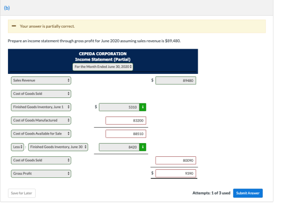 - Your answer is partially correct. Prepare an income statement through gross profit for June 2020 assuming sales revenue is
