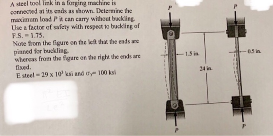 A steel tool link in a forging machine is connected at its ends as shown. Determine the maximum load P it can carry without buckling. Use a factor of safety with respect to buckling of F.S.-1.75 Note from the figure on the left that the ends are pinned for buckling, whereas from the figure on the right the ends are fixed. E steel = 29 x 103 ksi and σ,-100 ksi -1.5in. -0.5 in 24 in.