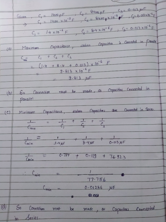 Cge0.03F ५ल कट =6400px10 1400PF 1400 x10-9F Given FG=0 03X106E ;G= 0•013 xloF S= 8.4 x10-6F 1.4 x10-6 F ç = Dayalld * Connede