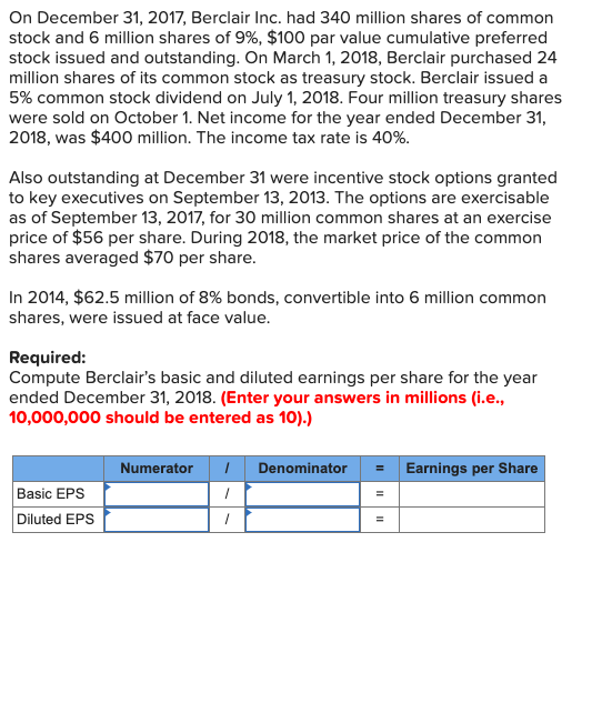 On December 31, 2017, Berclair Inc. had 340 million shares of common stock and 6 million shares of 9%, $100 par value cumulat