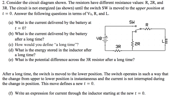2. Consider the circuit diagram shown. The resistors have different resistance values: R, 2R, and 3R. The circuit is not ener