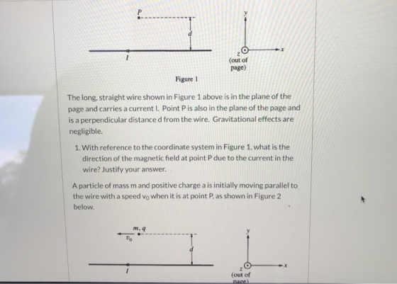 (out of page) Figure 1 The long, straight wire shown in Figure 1 above is in the plane of the page and carries a current I. P