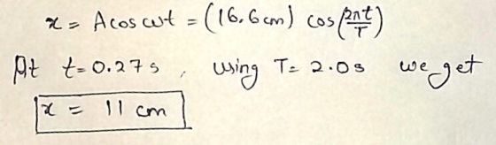 x= Acoswt = (16.6 cm) cospat) At t= 0.275, using T= 2.03 we get x = 11cm] - 11 cm