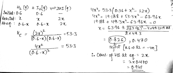 Jnitial : 0.46 Reacted: χ 0.6 2x 53.3 x 49.3 0.824〉,0470 че 533
