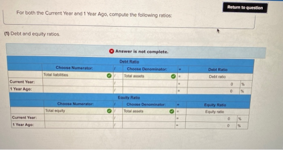 Return to question For both the Current Year and 1 Year Ago, compute the following ratios: (1) Debt and equity ratios. Answer