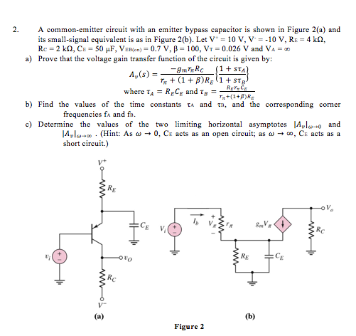 2.A common-emitter circuit with an emitter bypass capacitor is shown in Figure 2(a) and its small-signal equivalent is as in Figure 2(b). Let V = 10 V, V-=-10 V, RE-4 kQ. Re 2 kQ, CE 50 μF, VED(0) 0.7 V, β 100, VT 0.026 V and VA- Prove that the voltage gain transfer function of the circuit is given by: a) b) Find the values of the time constants τΑ and t, and the corresponding corner frequencies fa and fa. c) Determine the values of the two limiting horizontal asymptotes la,lo-o and 14,10-*oo . (Hint: As ω ., 0, CE acts as an open circuit, as ω ., oo, CE acts as a short circuit.) v+ 0 Figure 2