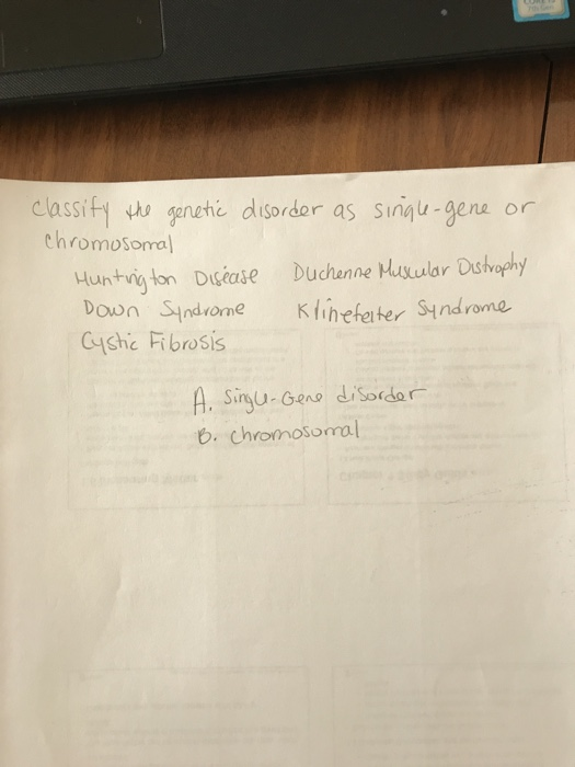 classify the genetic disorder as single-gene or Chromosomal Huntington Disease Duchenne Muscular Distrophy Down Syndrome Klin