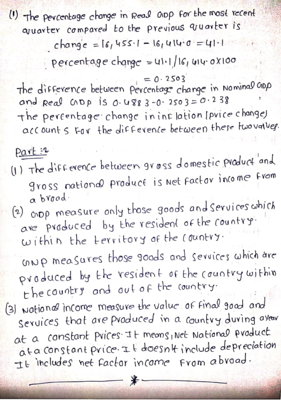 V) The pevcentage chonge n Rea Gop for the mose recent auarter compared to the previous u avter is change l6, 4SS6,4q Percentage charge ull/1С, u14-ox 100 0.2So3 The diffevence between Pevcentag* change in Nomina9 Gop and Real CDp is o u3-0 250 3 238 the percentage change ininc lotion [pvice change) acc ount s For the dic Fevente bet-ween thee twovatver Part i2t U) The diff evence between gvess domestic pioduct an gross nationcQ Product is Net Factov İncome fvom a bvoad e) onDp measure only those goods and Services cohjch ave poduced by the vesiden of the Countvy- 2 w ithi n the Lerritovyaf theountvy (nNP mea$ares those goods and Sevvices which are pvoduced by the t he country and aut of thr country resident of the Cauntry (withio (3) Notiond income measuve the valuc of final 90ad and Sevuices that ave produced in a ounkvy duving ovew at a canstant Pices t meons , Net Nationa pvoduct at a Constant price doesnnclude depreciation e ncludes het Factar incame From abvoad