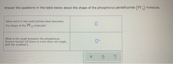 Answer the questions in the table below about the shape of the phosphorus pentafluoride (PF3) molecule. What word or two-word