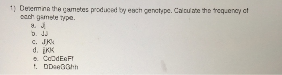 1) Determine the gametes produced by each genotype. Calculate the frequency of each gamete type. a. J c. JjKk d. jjkK e. CcDdEeFf f. DDeeGGhh