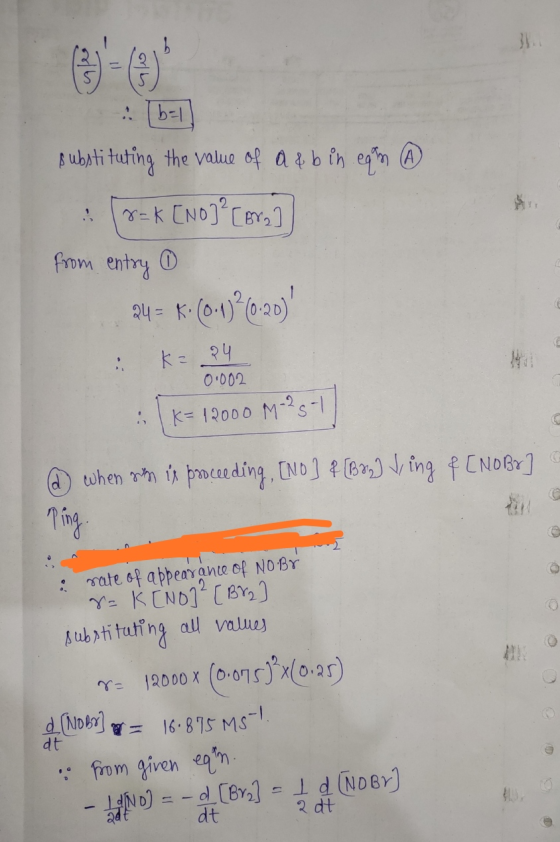 substituting the value of a $b in eq mon [8=k [NO]? cera from entry 0 24= *: (0-1)º(0-20) K 34 K= 12000 M-25-1 a when on ir p