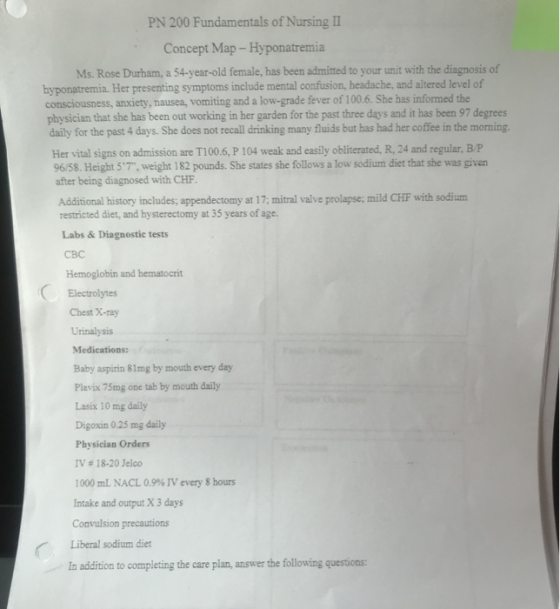 PN 200 Fundamentals of Nursing II Concept Map - Hyponatremia Ms. Rose Durham, a 54-year-old female, has been admitted to your