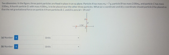 Two dimensions. In the figure, three point particles are fixed in place in an xy plane. Particle A has mass MA-7 g. particle