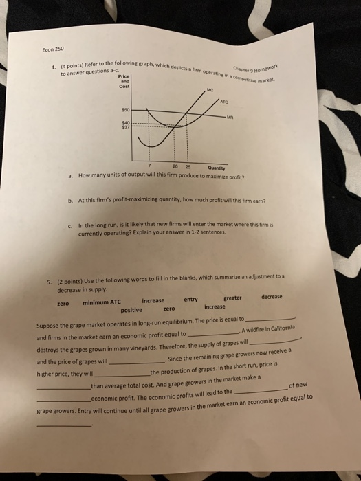 Econ 250 4. (4 points) Refer to the following graph, which depicts a firm operating in a competit market Chagter 9 Homework t