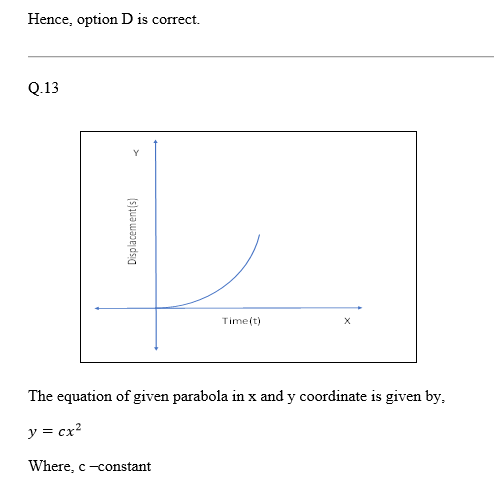 Hence, option D is correct. Q.13 Time(t) The equation of given parabola in x and v coordinate is given b Where, c -constant