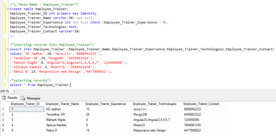 /*1. Table Name : Employee_Trainer*/ Create table Employee_Trainer Employee_Trainer_ID int primary key identity, Employee_Tra