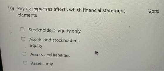 (2pts) 10) Paying expenses affects which financial statement elements O Stockholders equity only Assets and stockholders eq