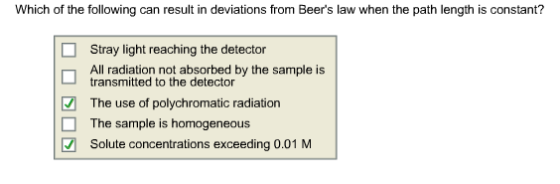 Which of the following can result in deviations from Beers law when the path length is constant? Stray light reaching the detector Allradiationnotabsorbedby the sample is transmitted to the detector The use of polychromatic radiation The sample is homogeneous Solute concentrations exceeding 0.01 M