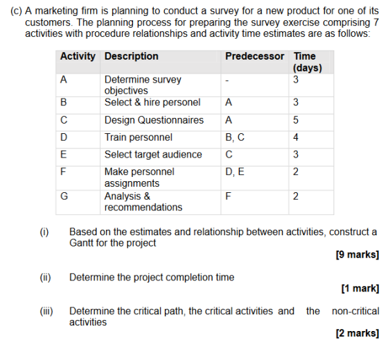 3 (c) A marketing firm is planning to conduct a survey for a new product for one of its customers. The planning process for p