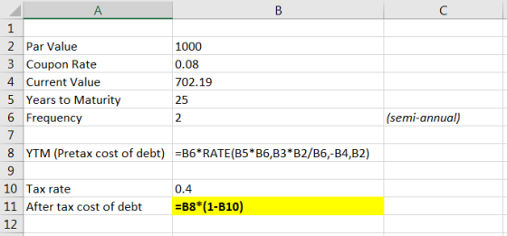 А 1 (semi-annual) 2 Par Value 1000 3 Coupon Rate 0.08 4 Current Value 702.19 5 Years to Maturity 25 6 Frequency 7 8 YTM (Pret