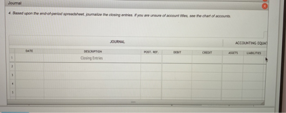 Journal 4. Based upon the end-of-period spreadsheet, journalize the closing entries. If you are unsure of account ftes, see t