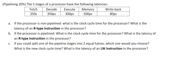 (Pipelining 20%) The 5 stages of a processor have the following latencies: Fetch Decode Execute Memory Write-back 250 350ps 3