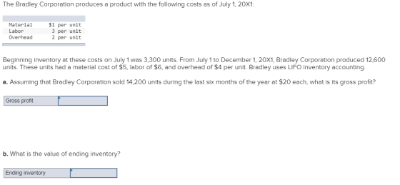 The Bradley Corporation produces a product with the following costs as of July 1, 20X1: Material Labor Overhead $1 per unit 3