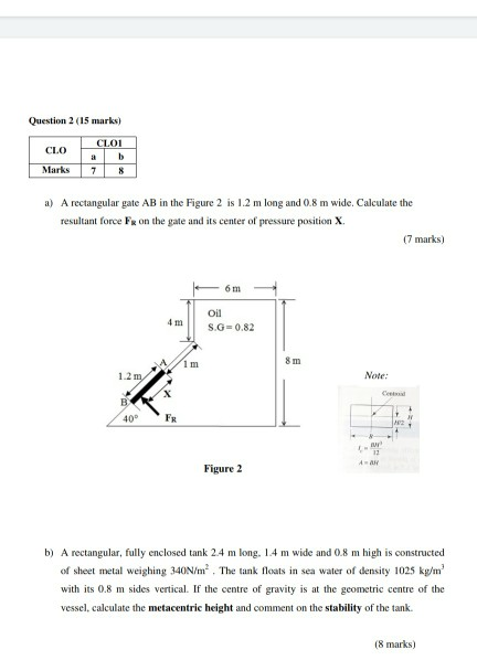 Question 2 (15 marks) 1 CLO1 CLO Marks a) A rectangular gate AB in the Figure 2 is 1.2 m long and 0.8 m wide. Calculate the r