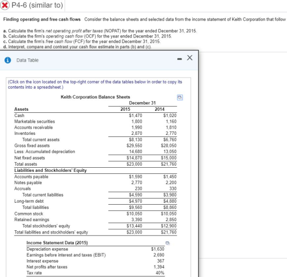 XP4-6 (similar to) Finding operating and free cash flows Consider the balance sheets and selected data from the income statem