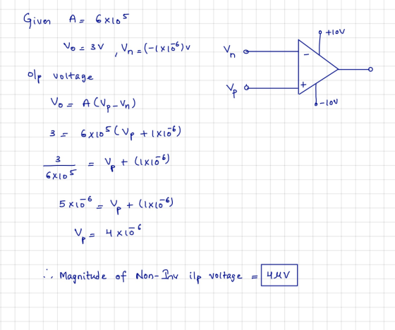 Given A= 6x105 O +10V Vo - 3 V Vn=(-18156) v レ olp voltage b-LOV Vo=ACUp - Vn) 3 - 6x105 Cup + 1x106) oxins - Vp + (1x156) 5x