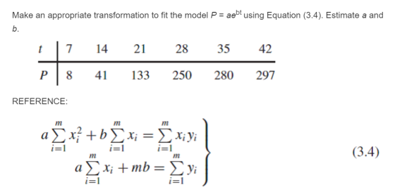 Make an appropriate transformation to fit the model P- aebt using Equation (3.4). Estimate a and b. t 7 14 21 28 35 42 P18 41