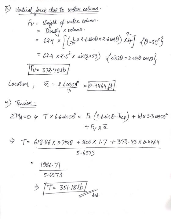 3) Vertical force clue to water column Fu = Weight of water column. s Density x volume. = 624% [64x2 4 sin® x 2 sciB) x+] 18-