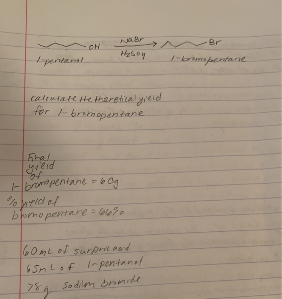 NaBr - OH •Br 1-pentanol Hason l-bromo pentane calinate the theretical yield for I-bromopentane Enal greld H bromopentane = 6