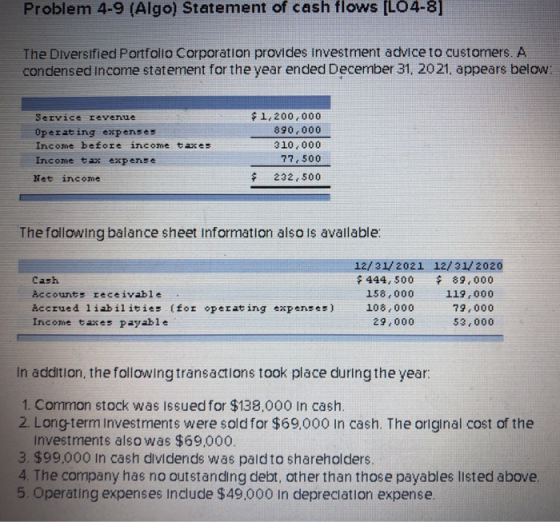 Problem 4-9 (Algo) Statement of cash flows (L04-8) The Diversified Portfolio Corporation provides Investment advice to custom