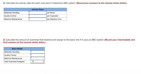 2. Calculate the activity rates for each cost pool in Hazelnuts ABC system. (Round your answers to the nearest whole dollar.