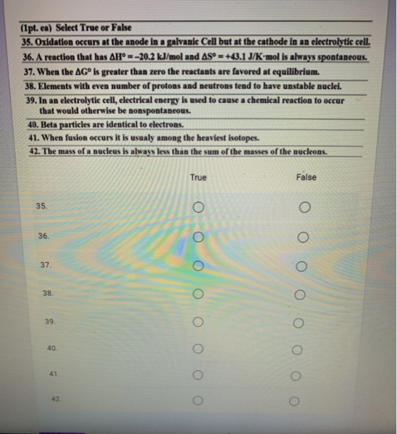(1pt. ea) Select True or False 35. Oxidation occurs at the anode in a galvanic Cell but at the cathode in an electrolytic cel