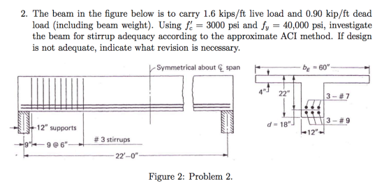 2. The beam in the figure below is to carry 1.6 kips/ft live load and 0.90 kip/ft dead load (including beam weight). Using f: 3000 psi and fy 40,000 psi, investigate the beam for stirrup adequacy according to the approximate ACI method、 li design is not adequate, indicate what revision is necessary. Symmetrical about E span E60 4」 22 3ー#7 12 supports 12 # 3 stirrups 9l___. 9 @ 6 22-0 Figure 2: Problem 2.