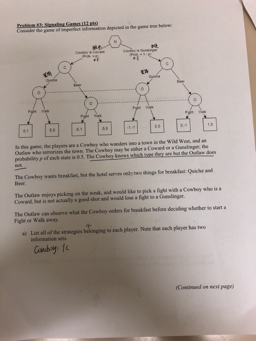 Problem : Signaling Games (12 pts) Consider the game of imperfect information depicted in the game tree below: BE Cowboy is c