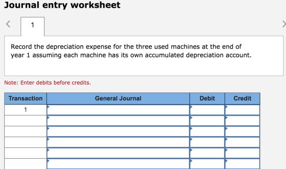Journal entry worksheet Record the depreciation expense for the three used machines at the end of year 1 assuming each machin