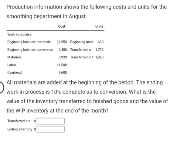 Production information shows the following costs and units for the smoothing department in August. Cost Units Work in process