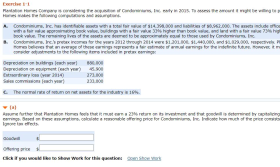 Exercise 1-1 Plantation Homes Company is considering the acquisition of Condominiums, Inc. early in 2015. To assess the amoun